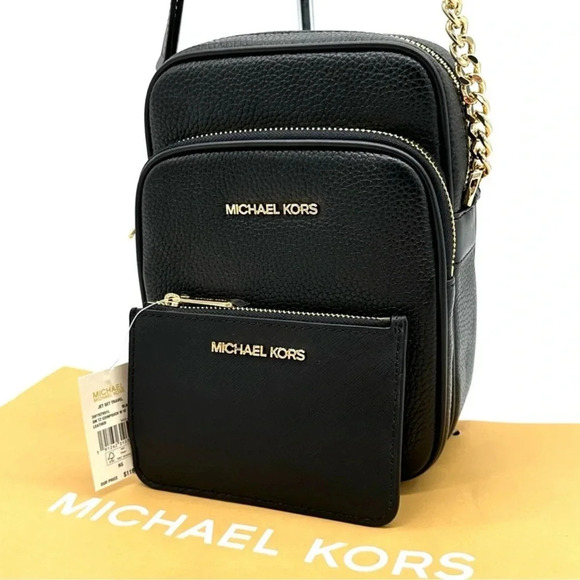 Michael Kors Medium NS Chain Xbody Bag & Small TZ Coinpouch w/ID Black/Gold - Picture 1 of 14
